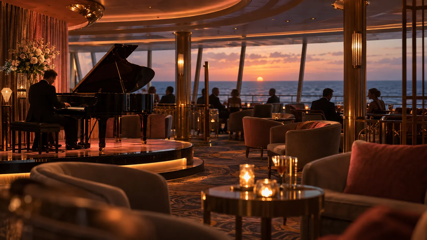 Pianist performing in an evening lounge aboard the cruise ship at sunset